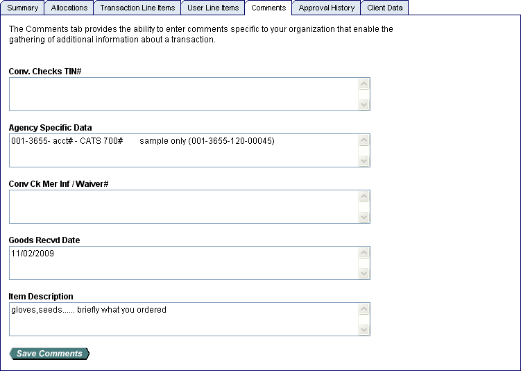 Example of filled-in comment fields
